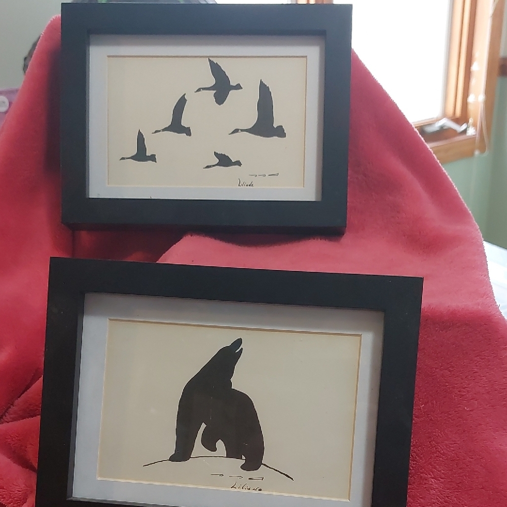 Vintage Collection Of 2 Framed Signed Liliane Inuit Black Ink Art